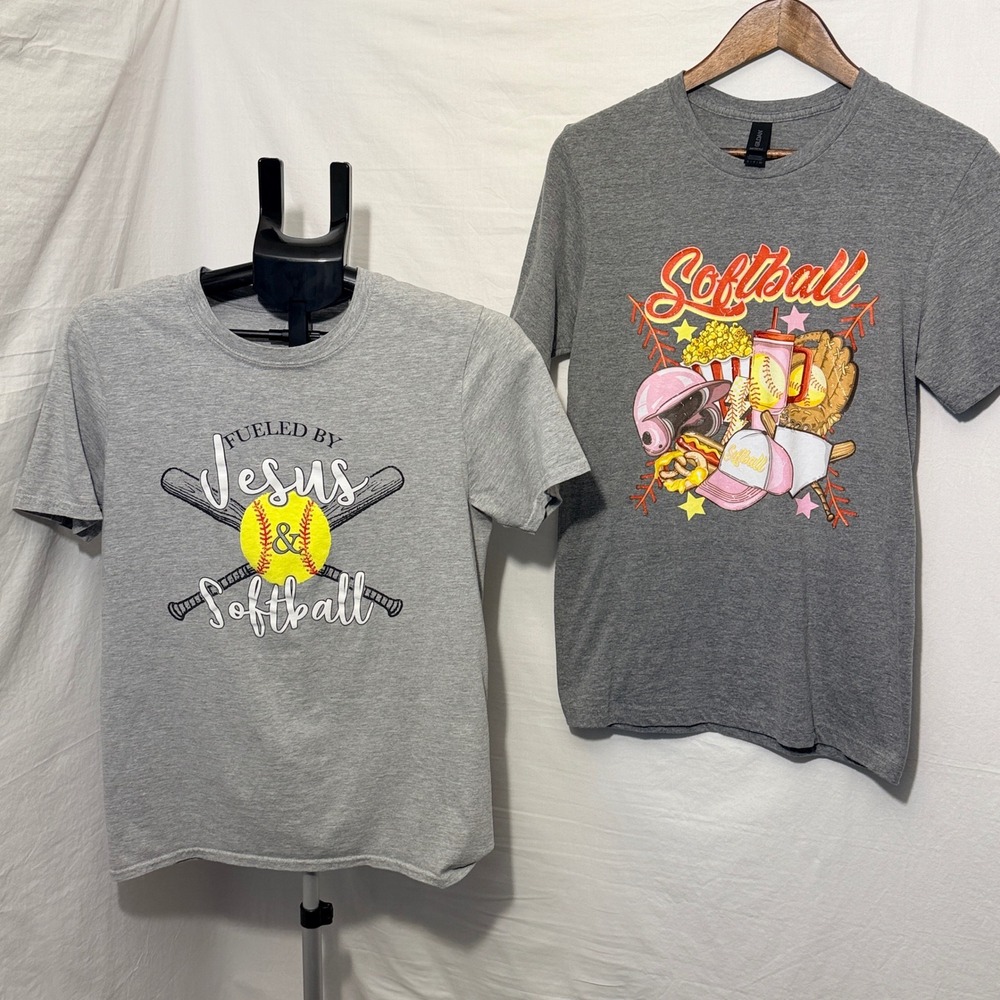 Gildan Softball Graphic T-Shirt Lot Women Small Gray Cotton Blend Sporty 2pc Set
